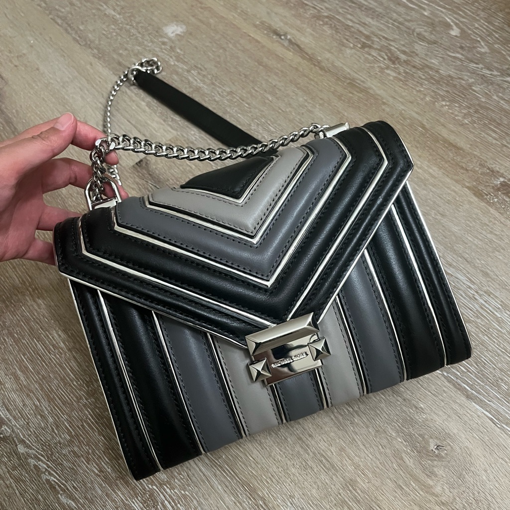 Michael Kors Quilted Chevron Shoulder Bag In Black And Gray
